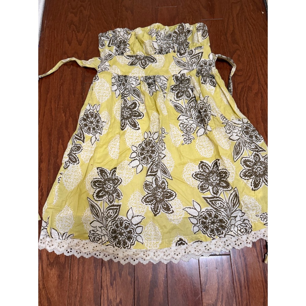 Voll USA Y2K Yellow Floral Strapless Cotton Mini Dress Crochet Lace Trim Large